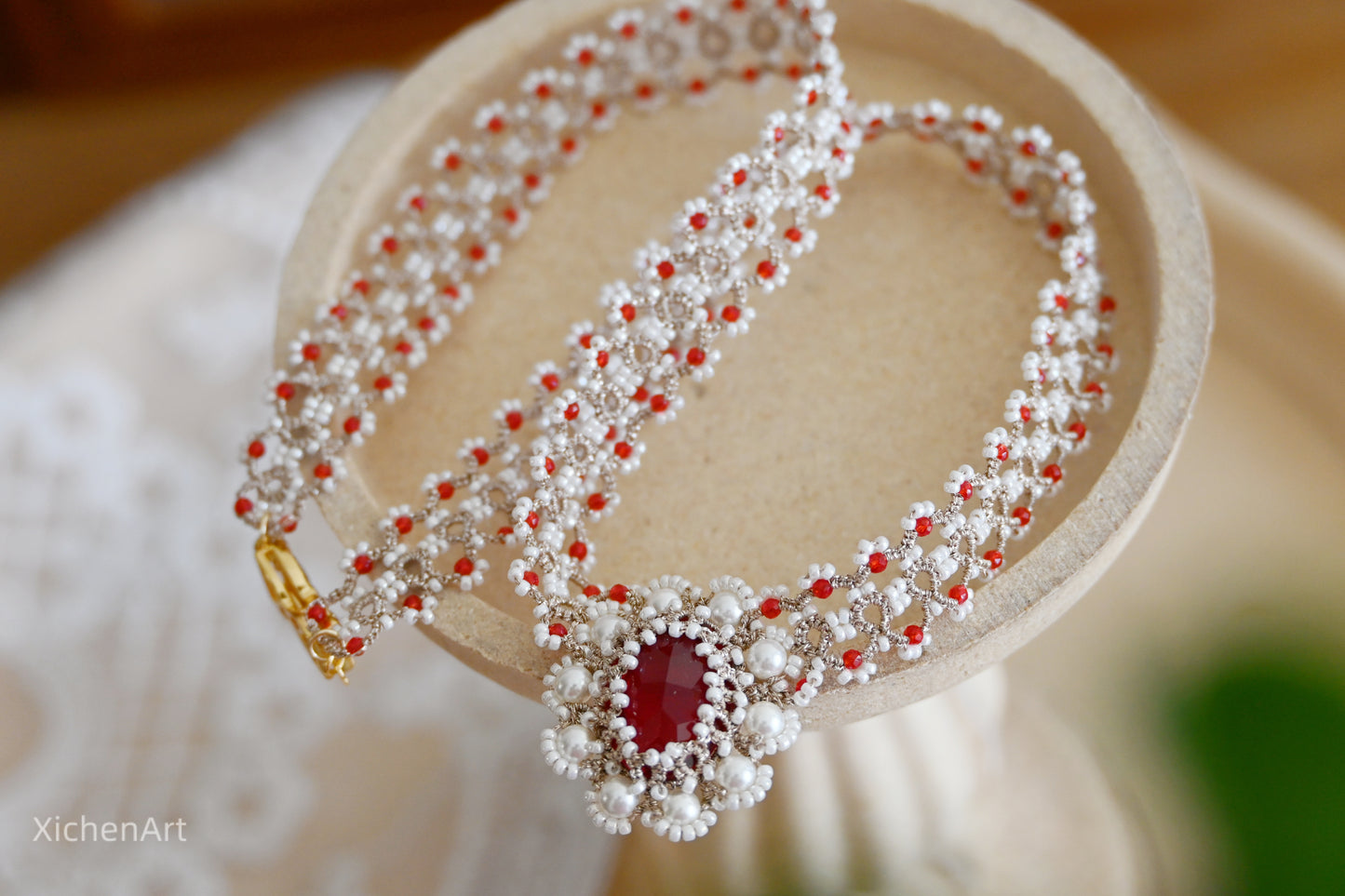 tatting necklace with crystal very beautiful, tatting necklace with red beads, tatting favorite necklace very vintage