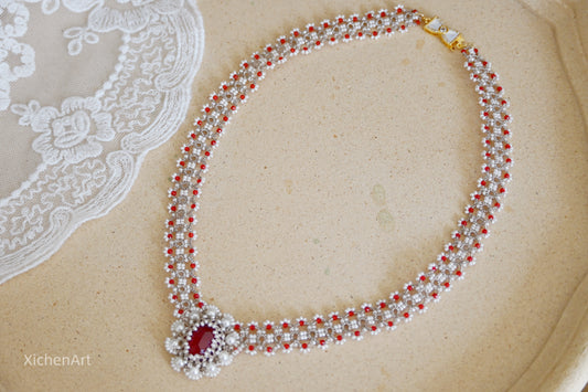 tatting necklace with crystal very beautiful, tatting necklace with red beads, tatting favorite necklace very vintage