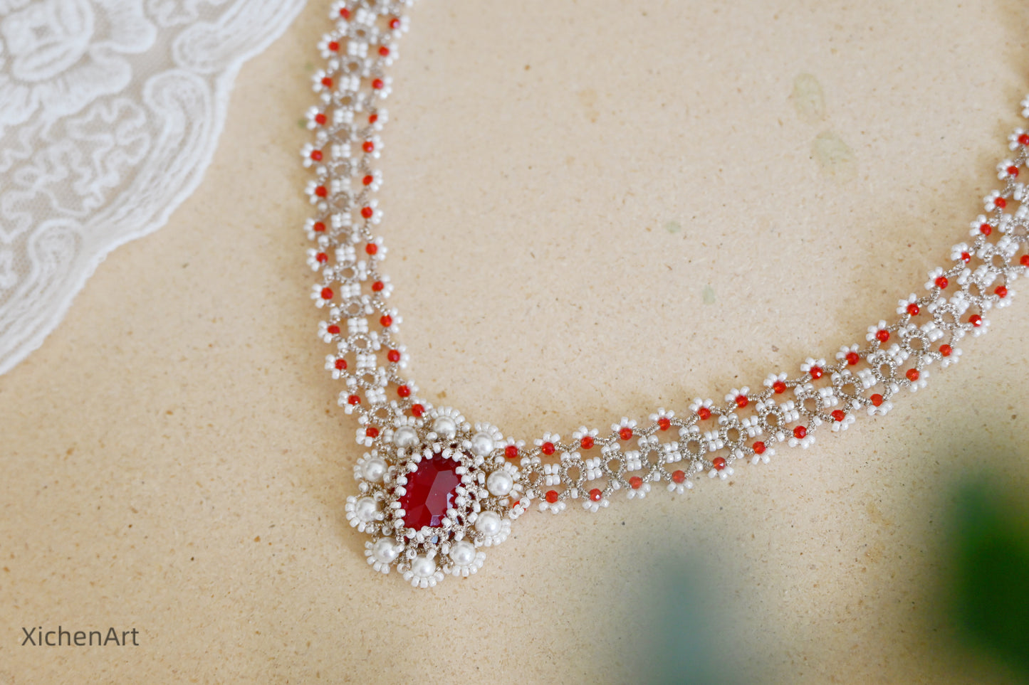 tatting necklace with crystal very beautiful, tatting necklace with red beads, tatting favorite necklace very vintage