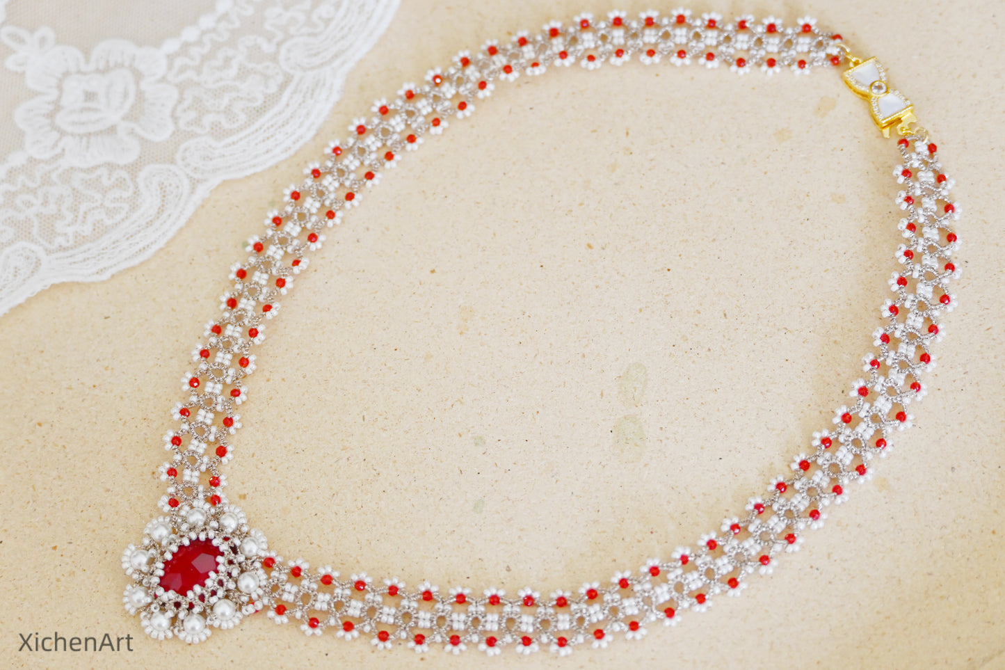 tatting necklace with crystal very beautiful, tatting necklace with red beads, tatting favorite necklace very vintage