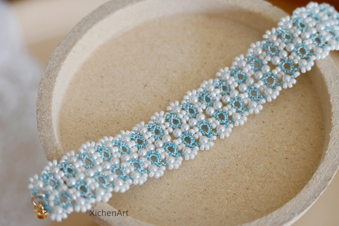 tatting bracelet with pearls, elegant tatting bracelet with Japanese beads, gently blue color tatting bracelet