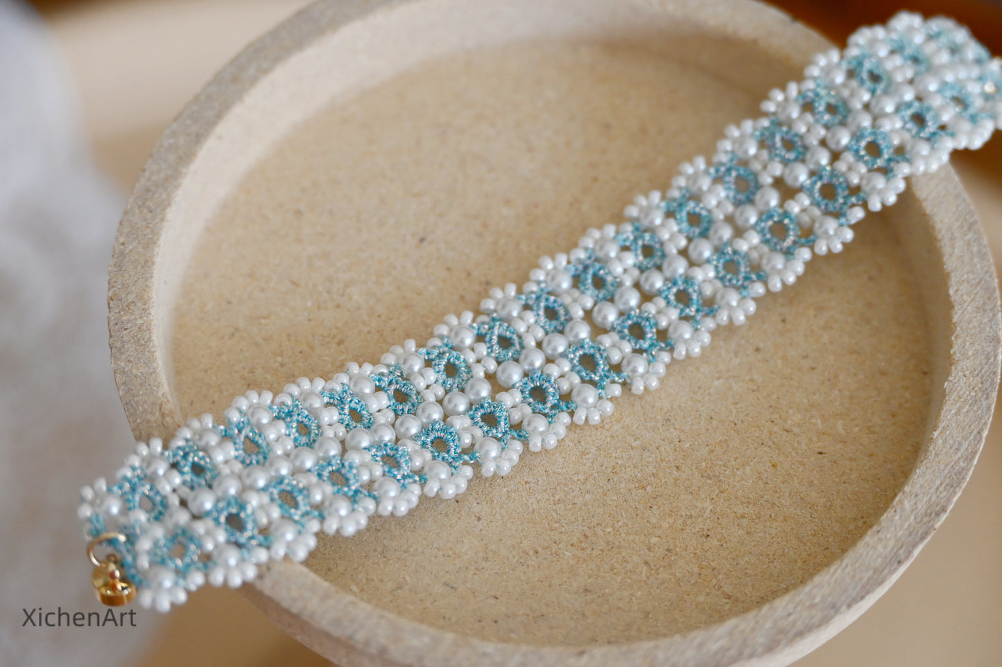 tatting bracelet with pearls, elegant tatting bracelet with Japanese beads, gently blue color tatting bracelet