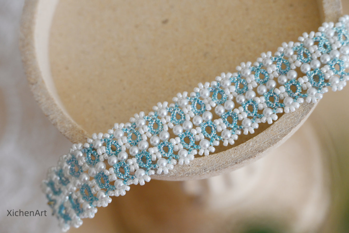 tatting bracelet with pearls, elegant tatting bracelet with Japanese beads, gently blue color tatting bracelet