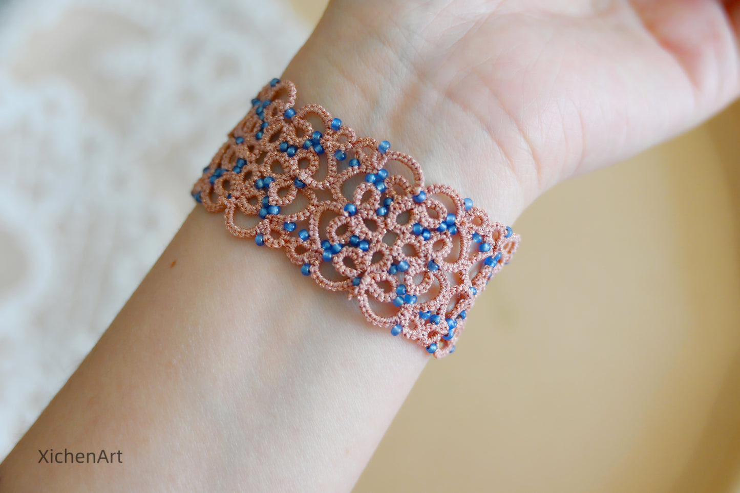 frivolite tatting bracelet, tatting lace bracelet with glass beads, pink tatting bracelet