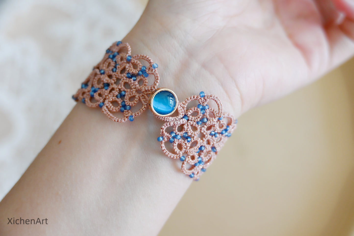 frivolite tatting bracelet, tatting lace bracelet with glass beads, pink tatting bracelet