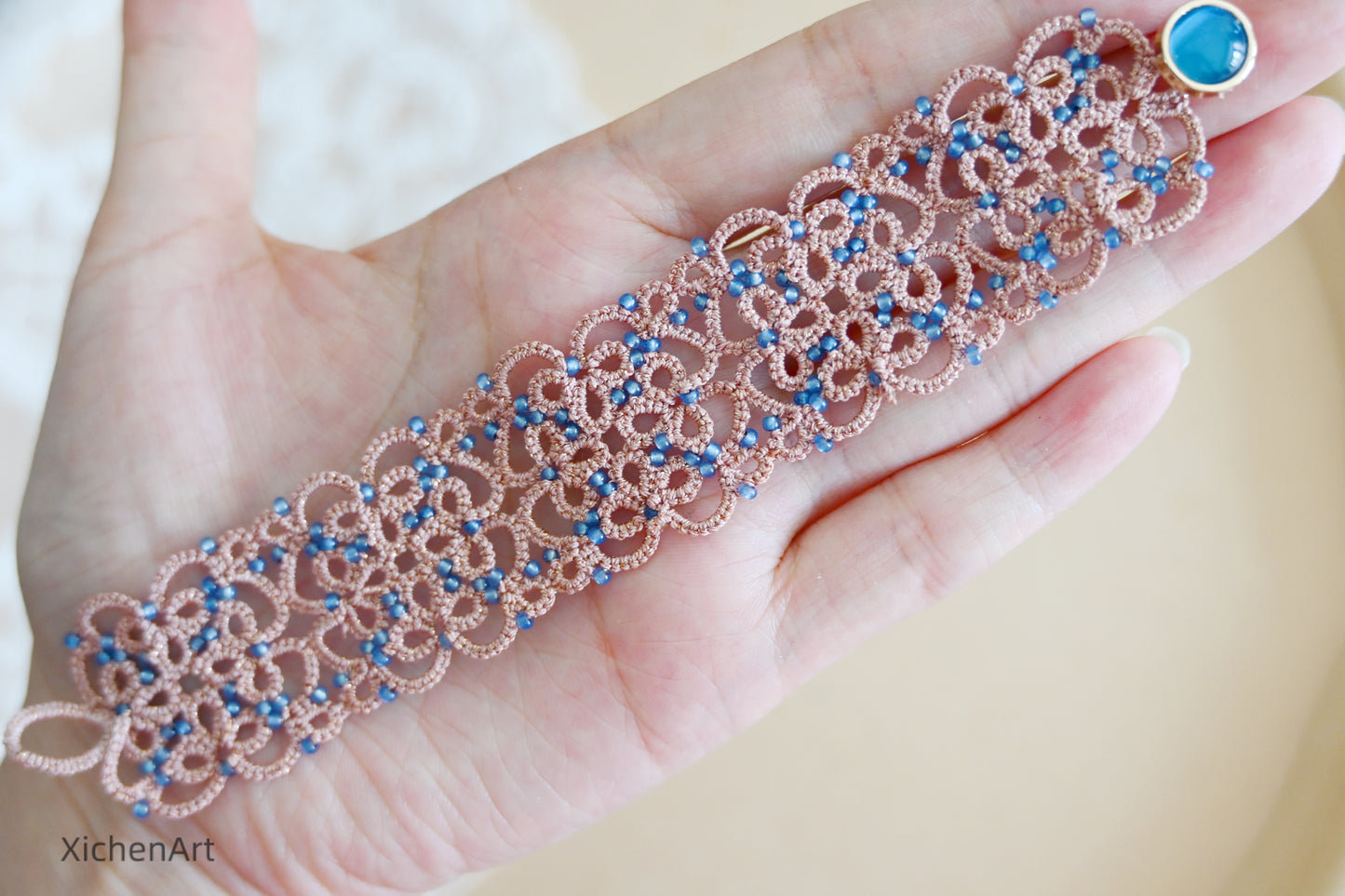 frivolite tatting bracelet, tatting lace bracelet with glass beads, pink tatting bracelet