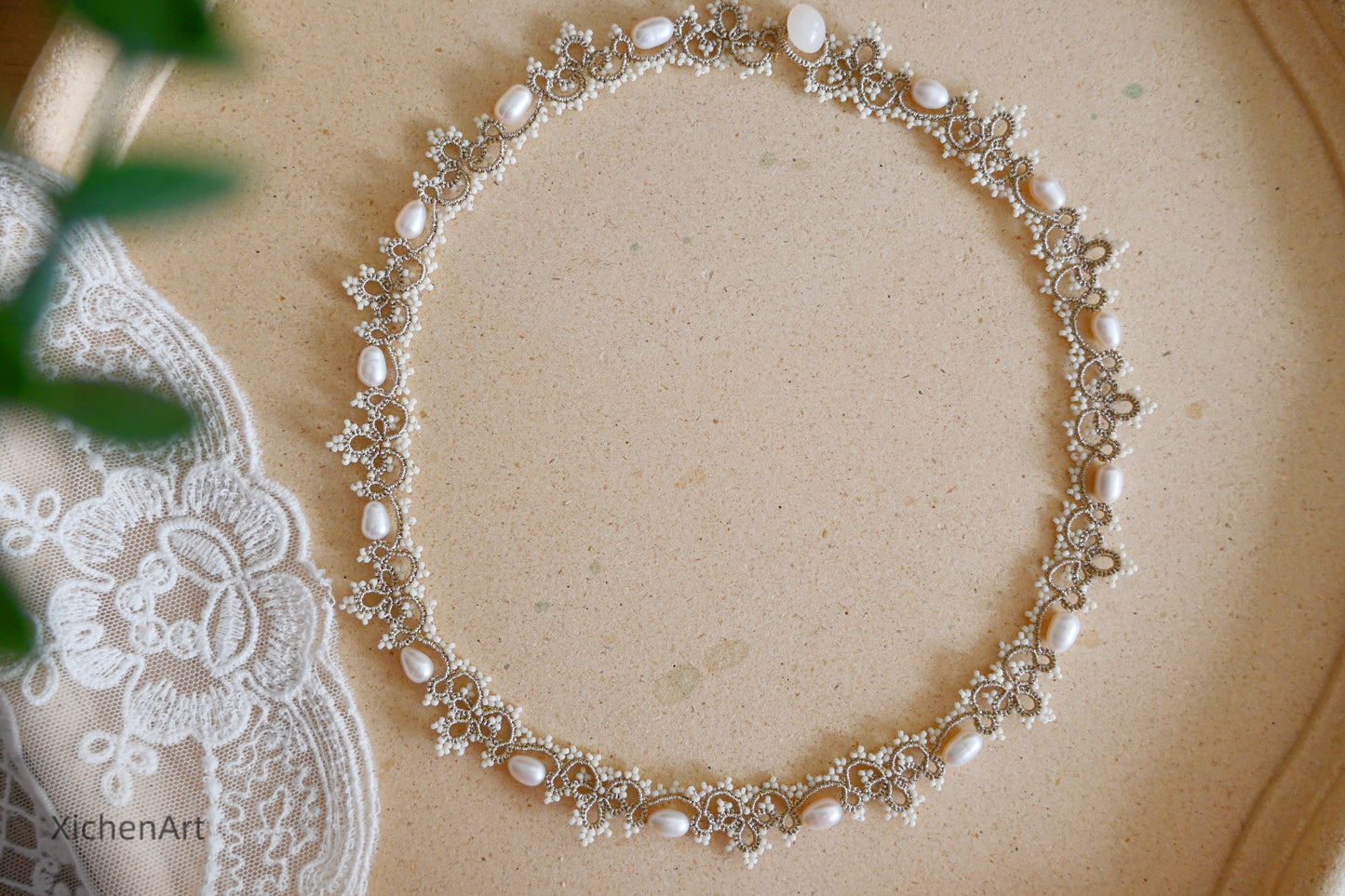 tatting necklace with natural pearls, handmade pearl tatting necklace, frivolite tatting necklace