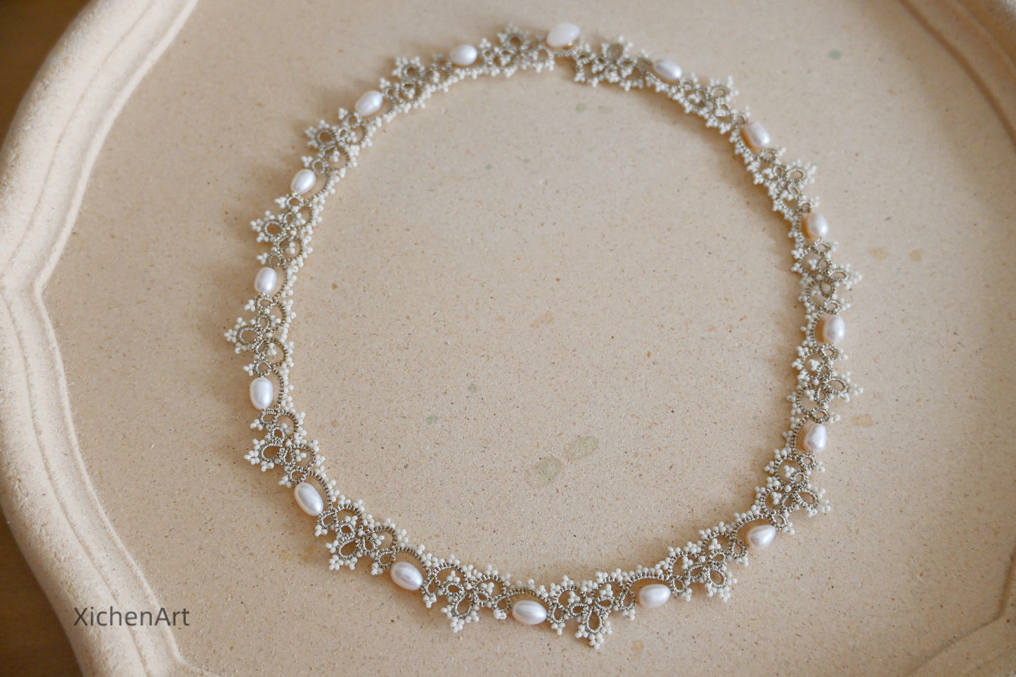 tatting necklace with natural pearls, handmade pearl tatting necklace, frivolite tatting necklace