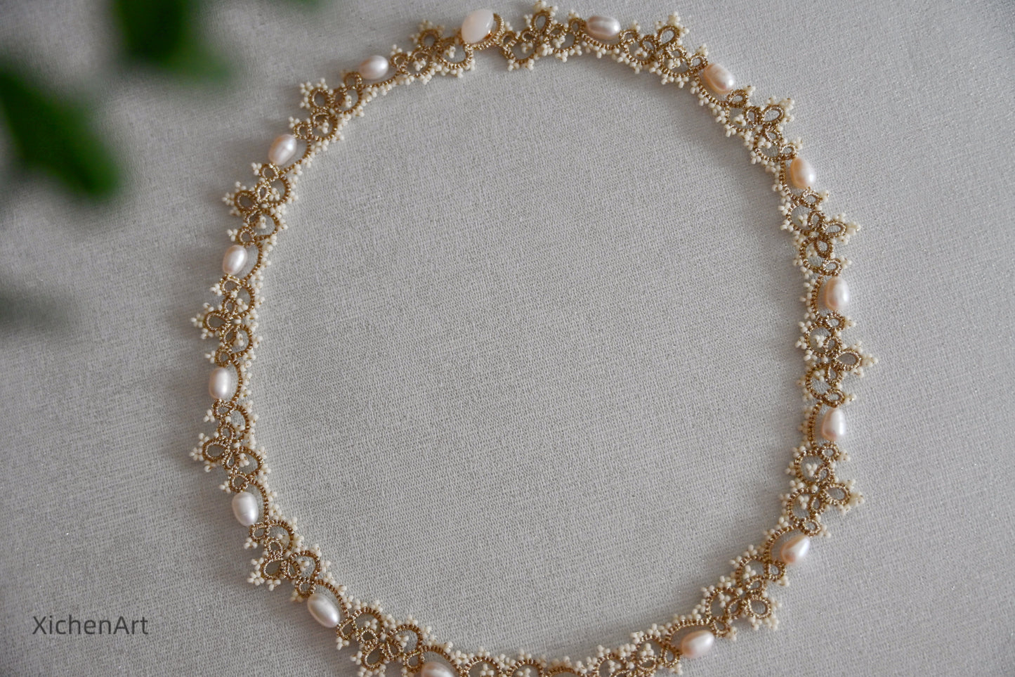 tatting necklace with natural pearls, handmade pearl tatting necklace, frivolite tatting necklace