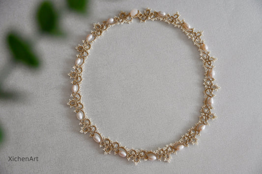 tatting necklace with natural pearls, handmade pearl tatting necklace, frivolite tatting necklace