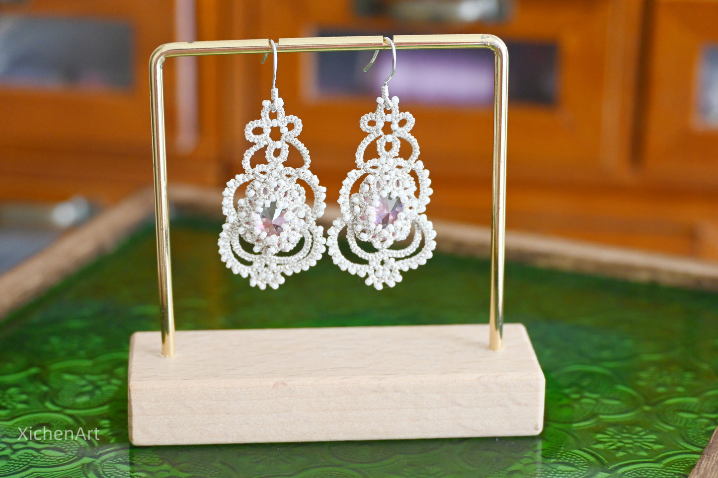 tatting earring with zircon crystal very beautiful and elegance