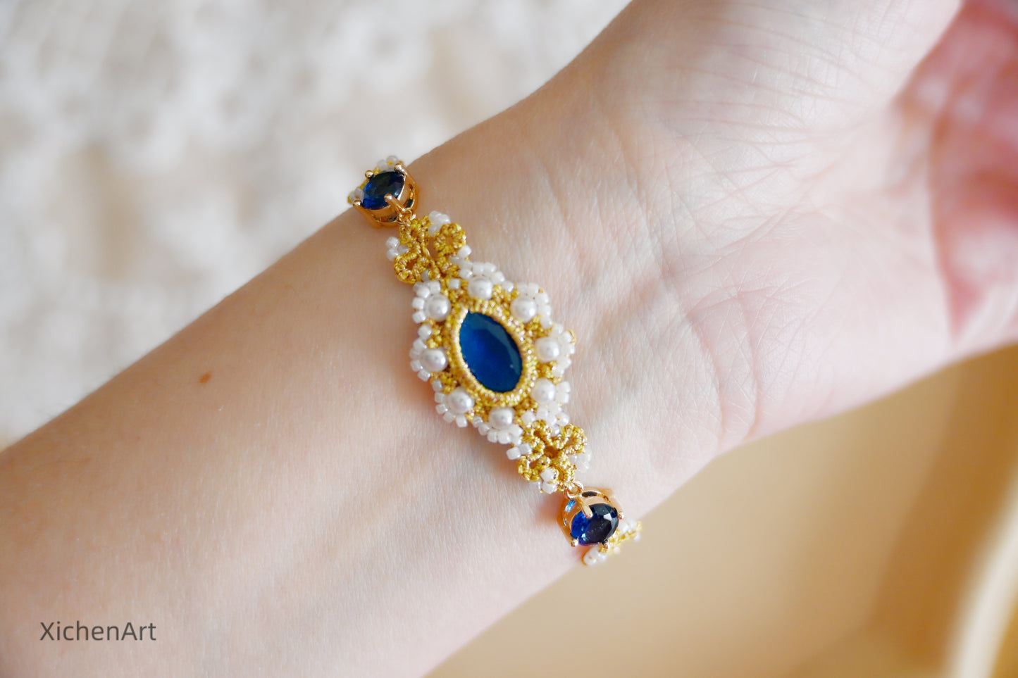 tatting bracelet with blue crystal and zircon, handmade tatting bracelet, frivolite zircon bracelet