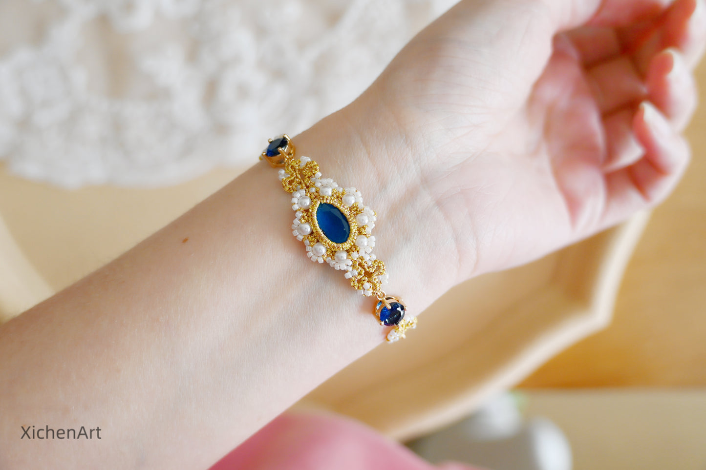 tatting bracelet with blue crystal and zircon, handmade tatting bracelet, frivolite zircon bracelet