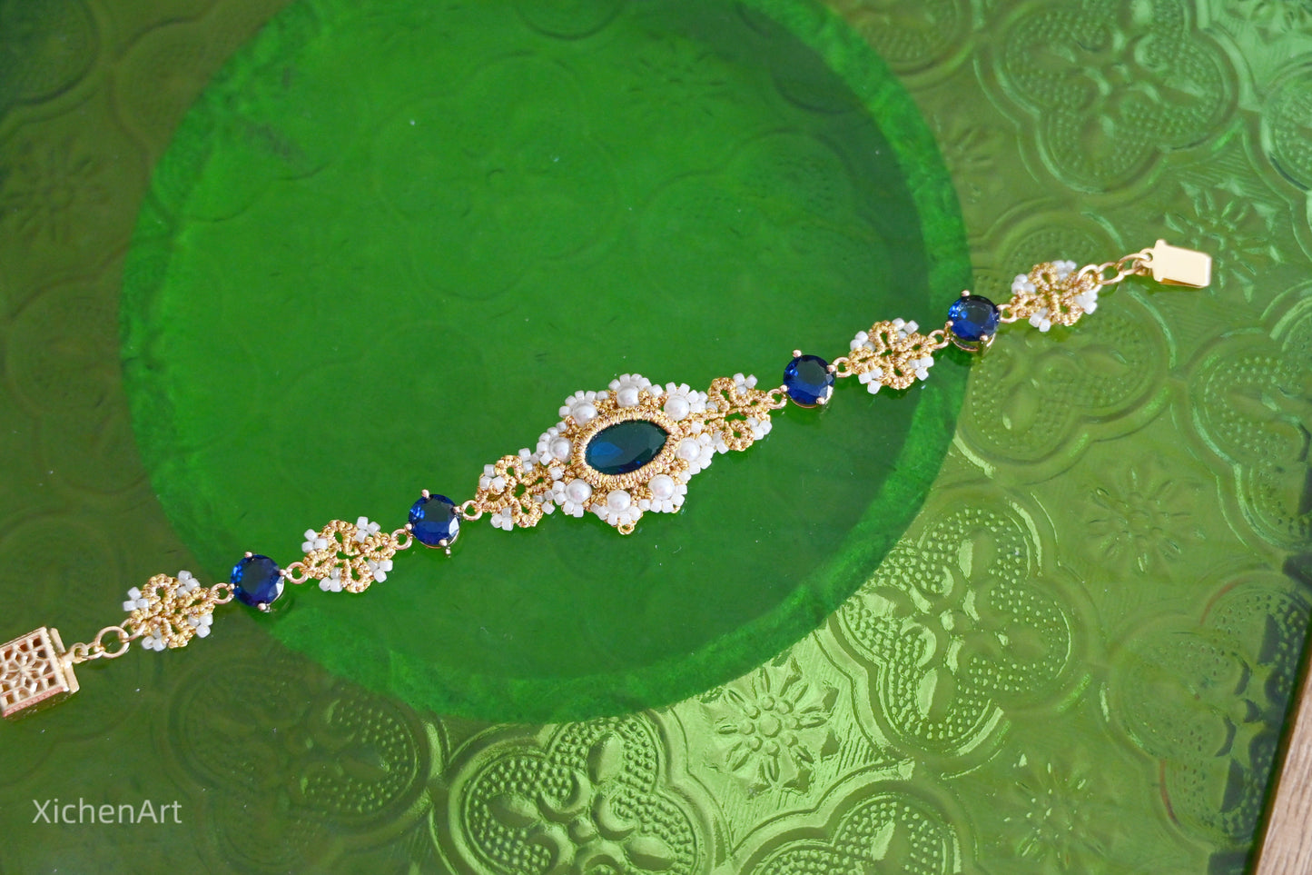 tatting bracelet with blue crystal and zircon, handmade tatting bracelet, frivolite zircon bracelet