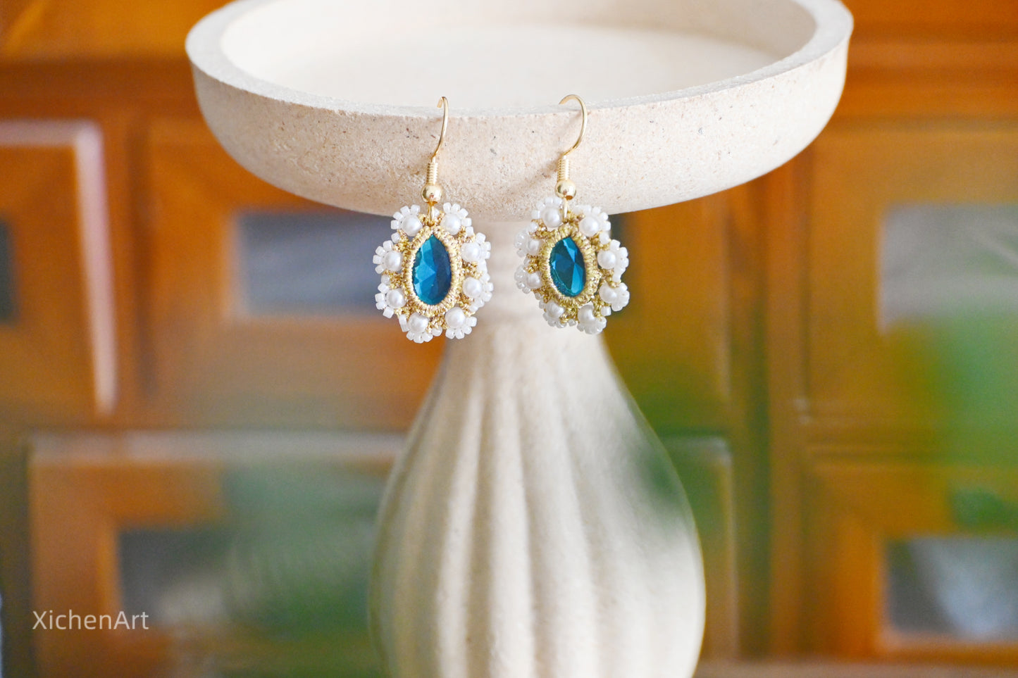 handmade tatting earring with blue crystal, gorgeous tatting earrings with blue crystal, beautiful tatting earrings