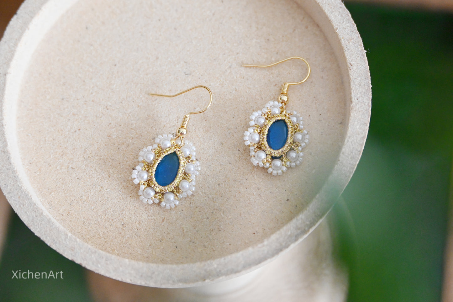 handmade tatting earring with blue crystal, gorgeous tatting earrings with blue crystal, beautiful tatting earrings