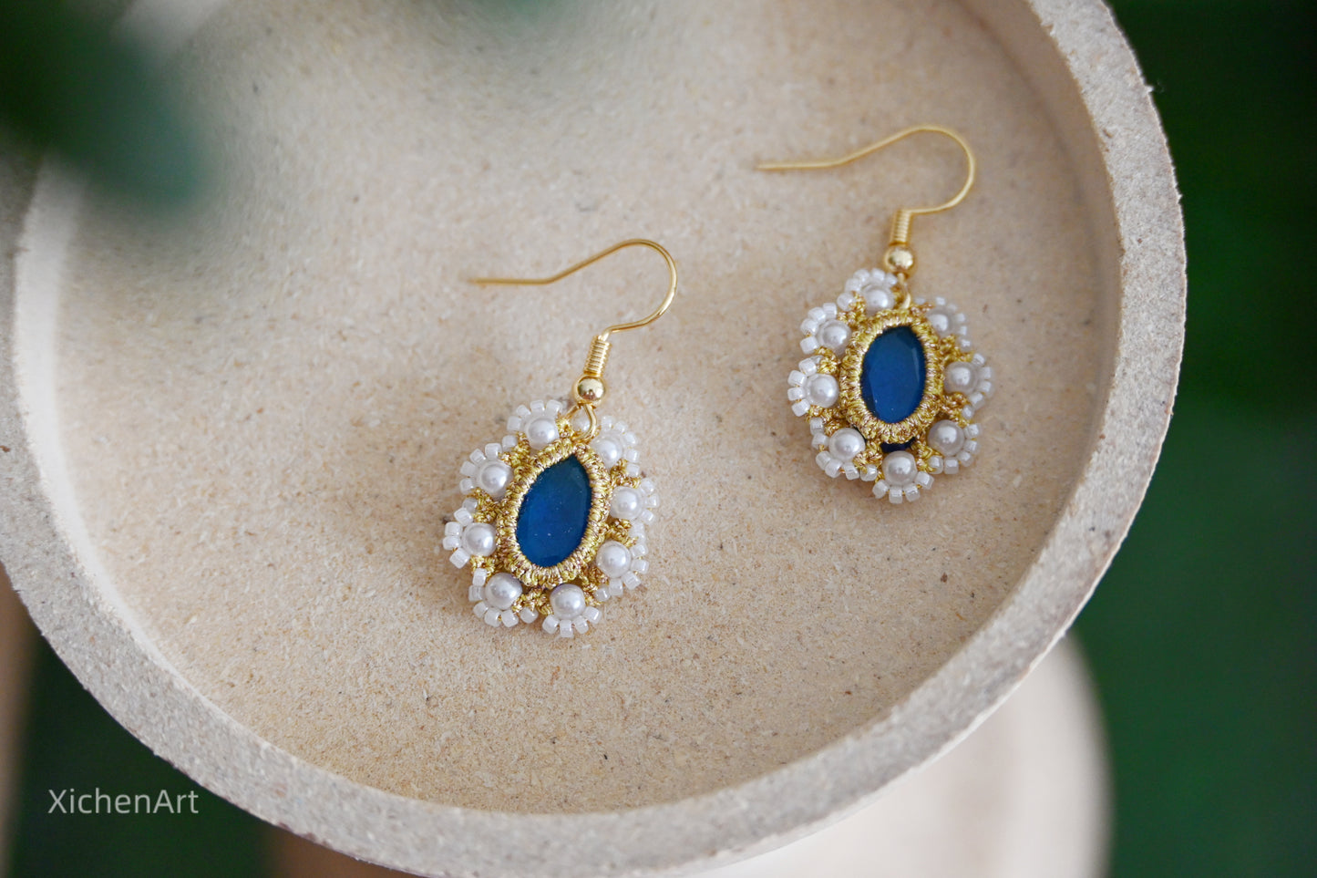 handmade tatting earring with blue crystal, gorgeous tatting earrings with blue crystal, beautiful tatting earrings