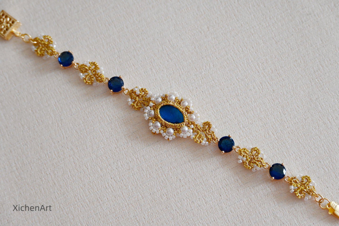 tatting bracelet with blue crystal and zircon, handmade tatting bracelet, frivolite zircon bracelet