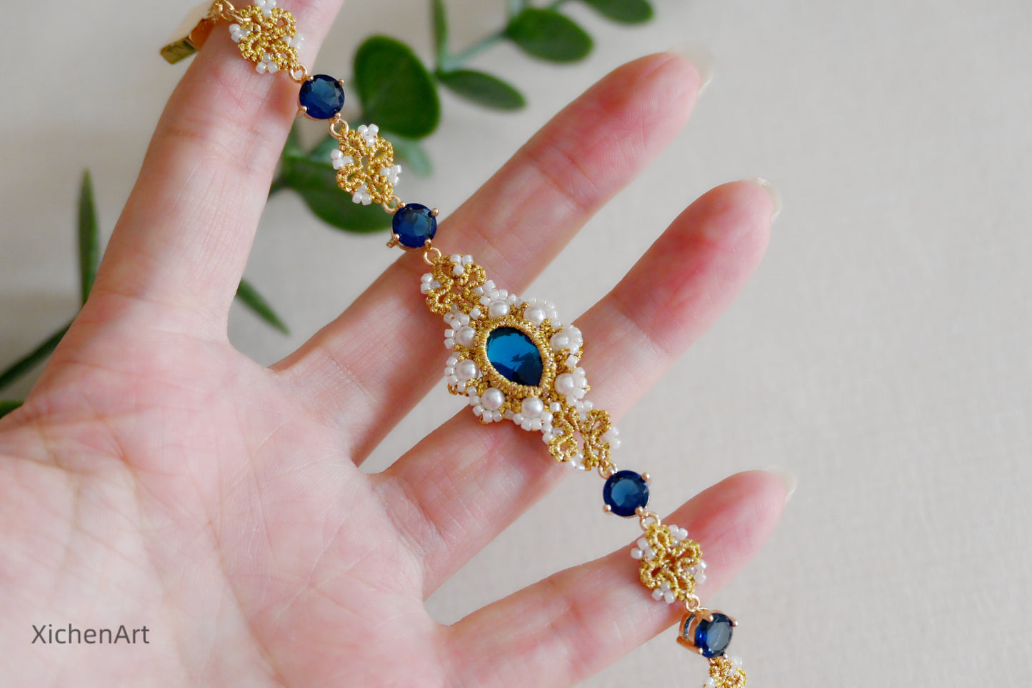 tatting bracelet with blue crystal and zircon, handmade tatting bracelet, frivolite zircon bracelet