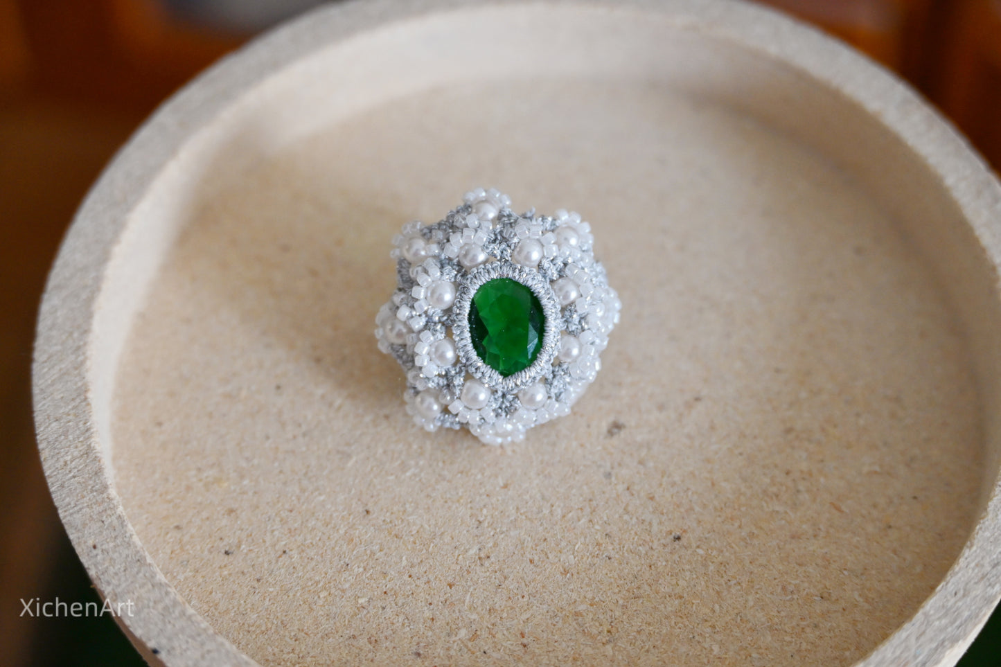 vintage tatting ring with green crystal and pearls, pretty frivolite tatting ring with crystal and pearls