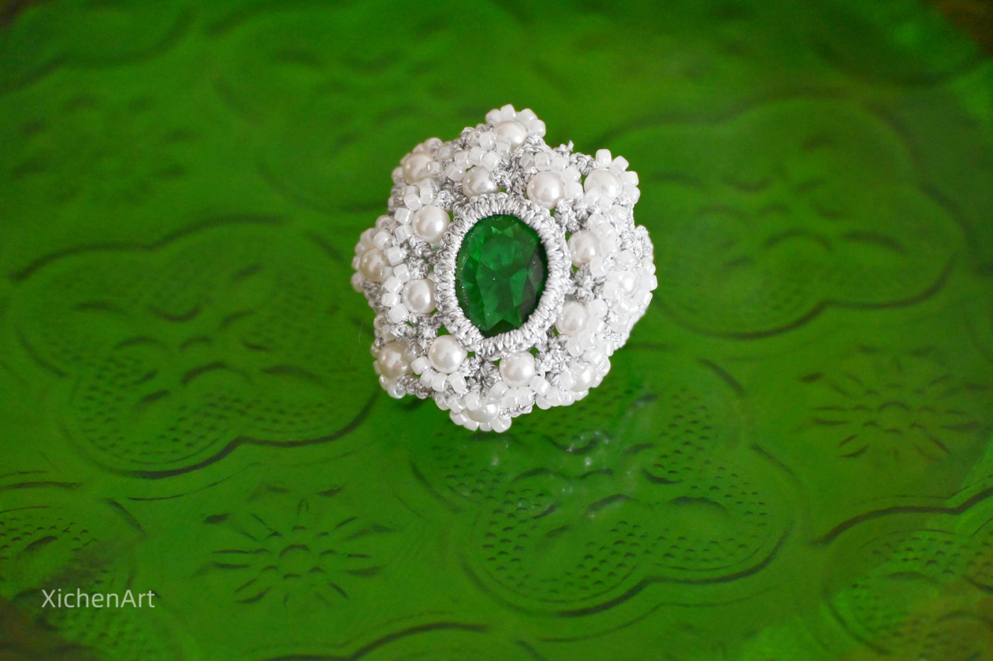 vintage tatting ring with green crystal and pearls, pretty frivolite tatting ring with crystal and pearls