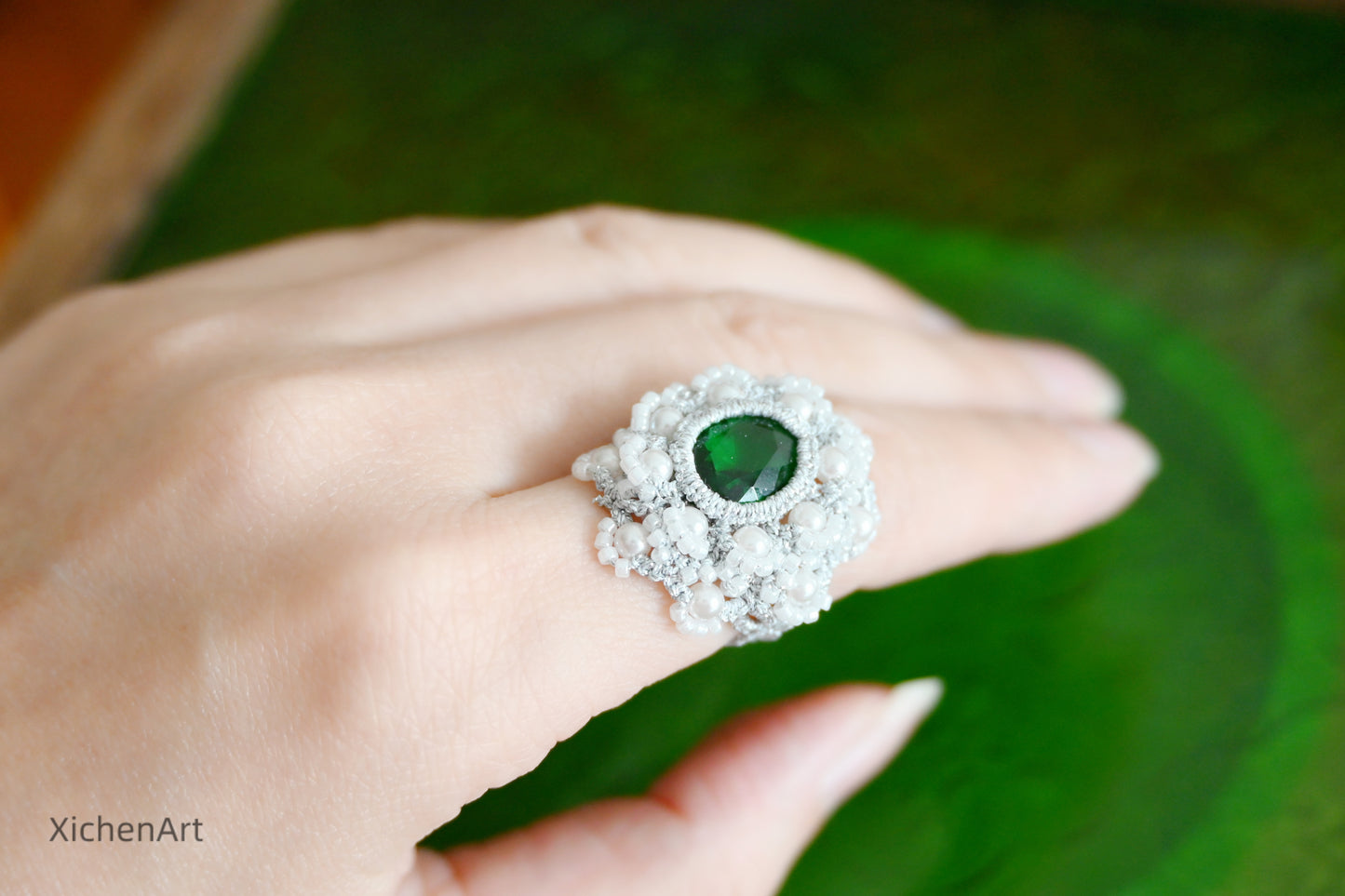 vintage tatting ring with green crystal and pearls, pretty frivolite tatting ring with crystal and pearls