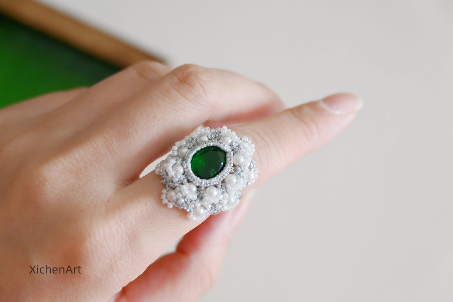 vintage tatting ring with green crystal and pearls, pretty frivolite tatting ring with crystal and pearls