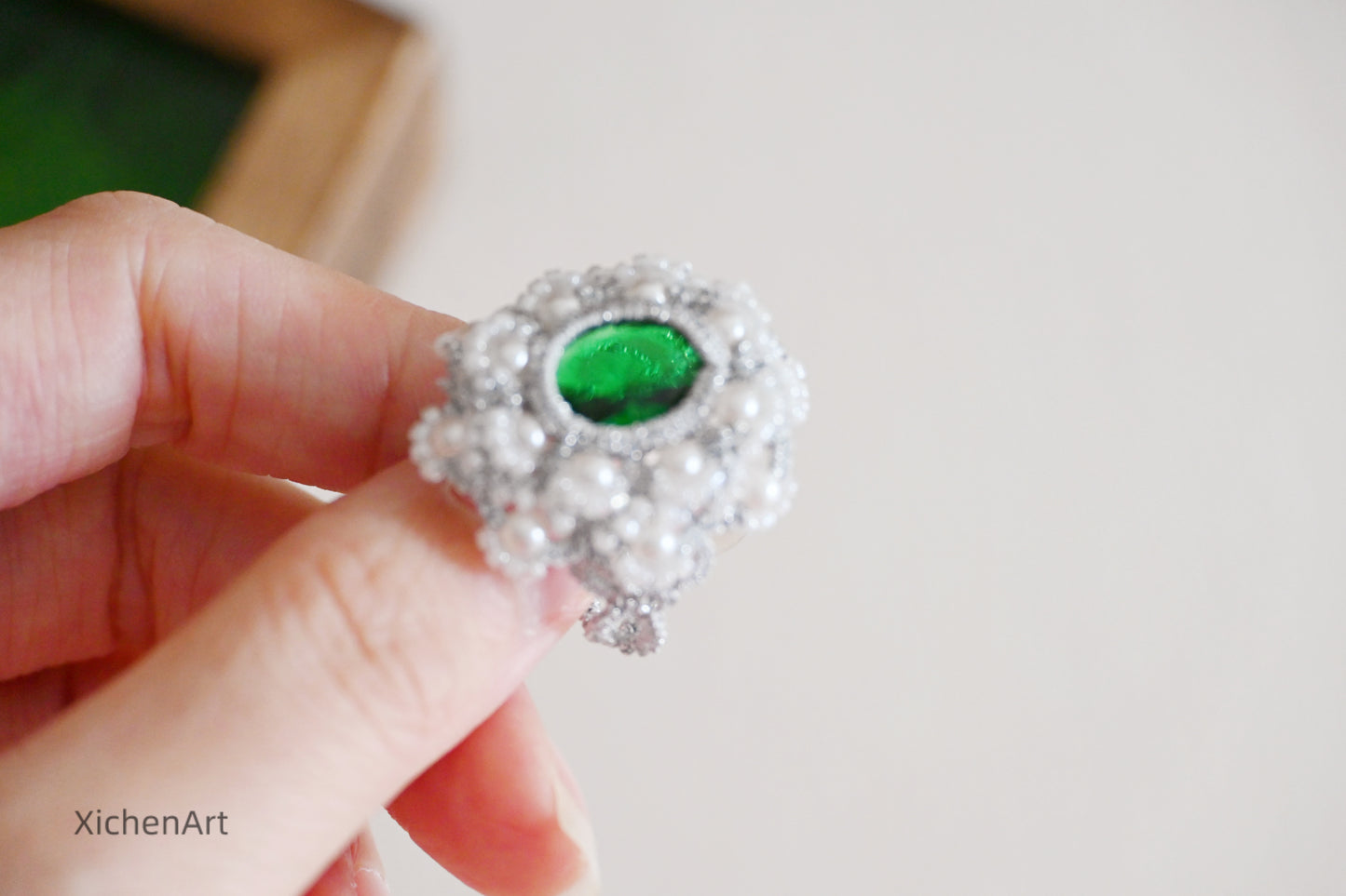 vintage tatting ring with green crystal and pearls, pretty frivolite tatting ring with crystal and pearls