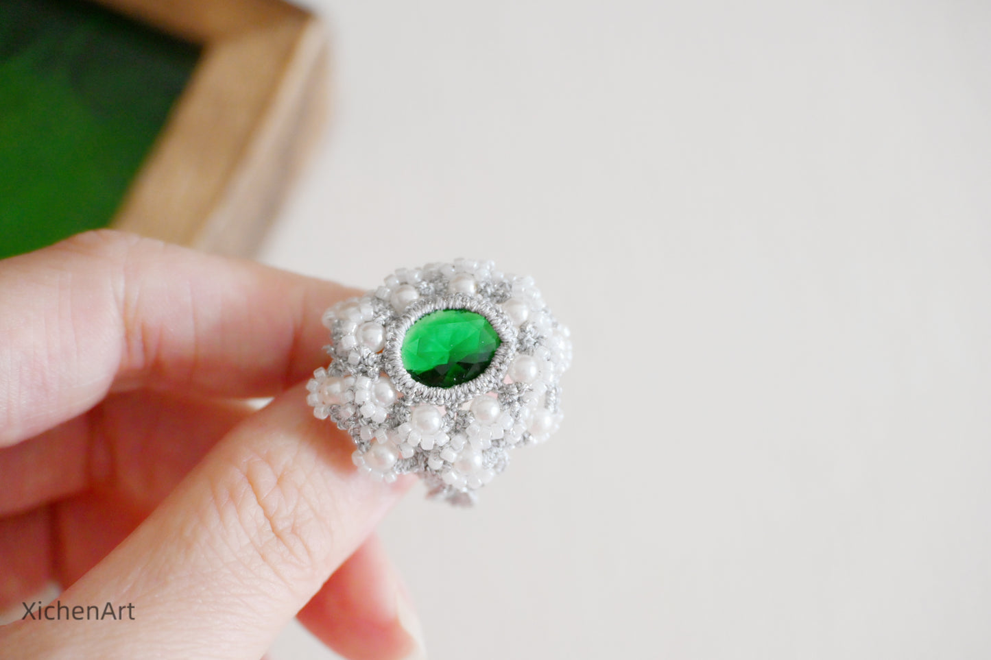 vintage tatting ring with green crystal and pearls, pretty frivolite tatting ring with crystal and pearls