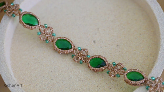 green crystal tatting bracelet, frivolite tatting bracelet with green crystal, handmade green tatting bracelet