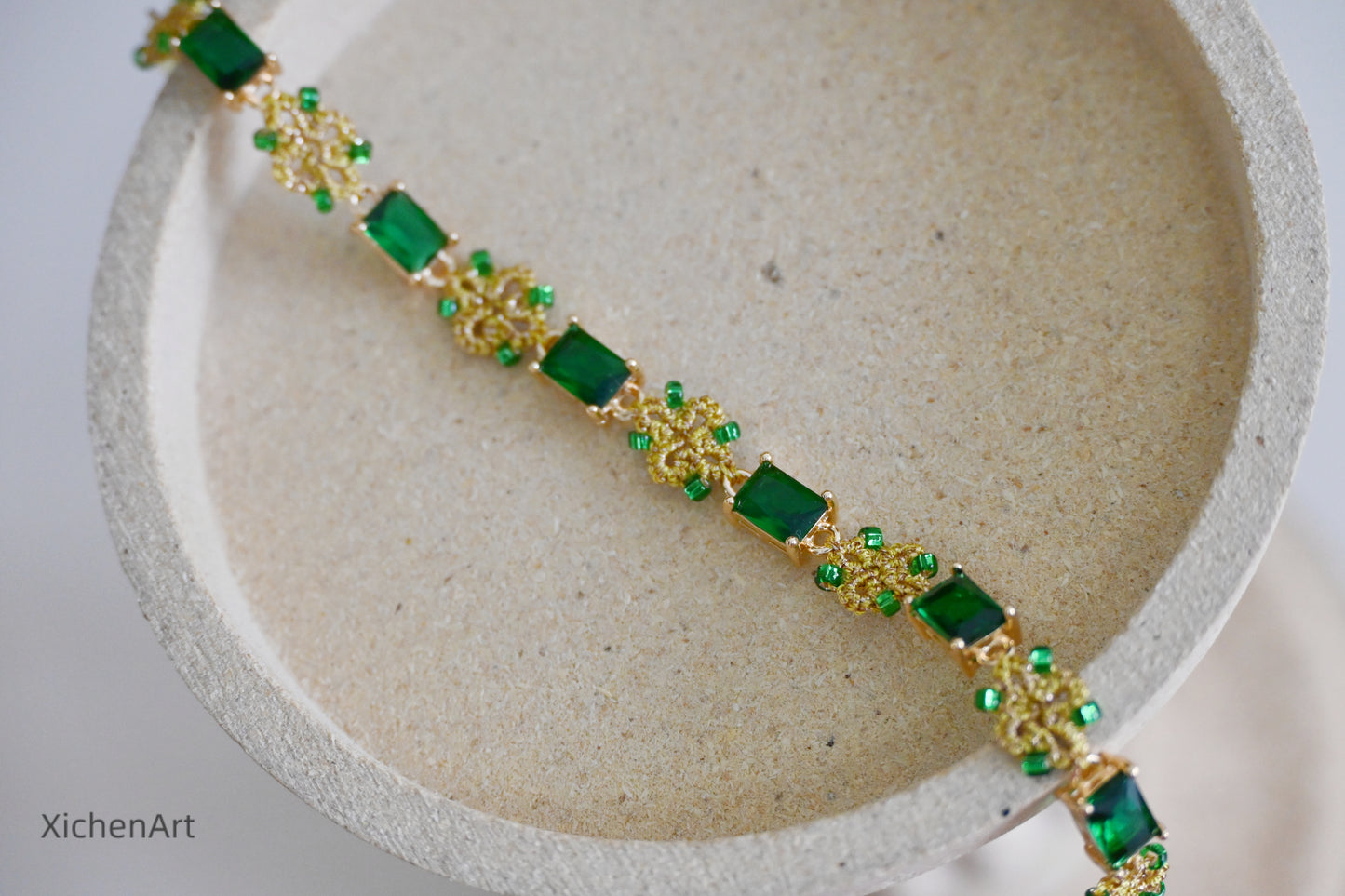 golden color and green zircon tatting bracelet, gorgeous and frivolite tatting bracelet