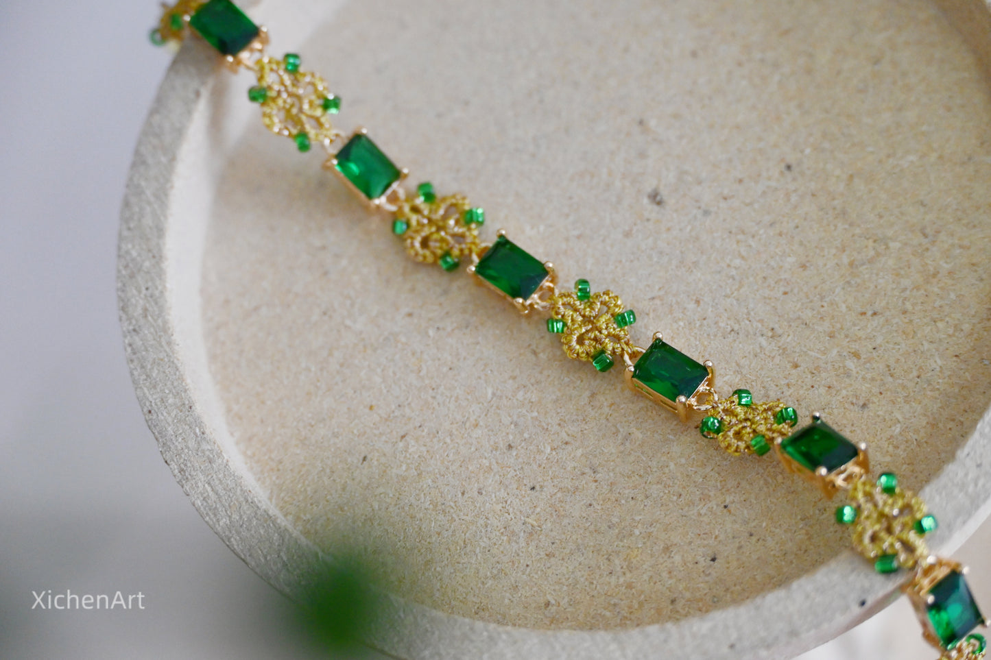 golden color and green zircon tatting bracelet, gorgeous and frivolite tatting bracelet