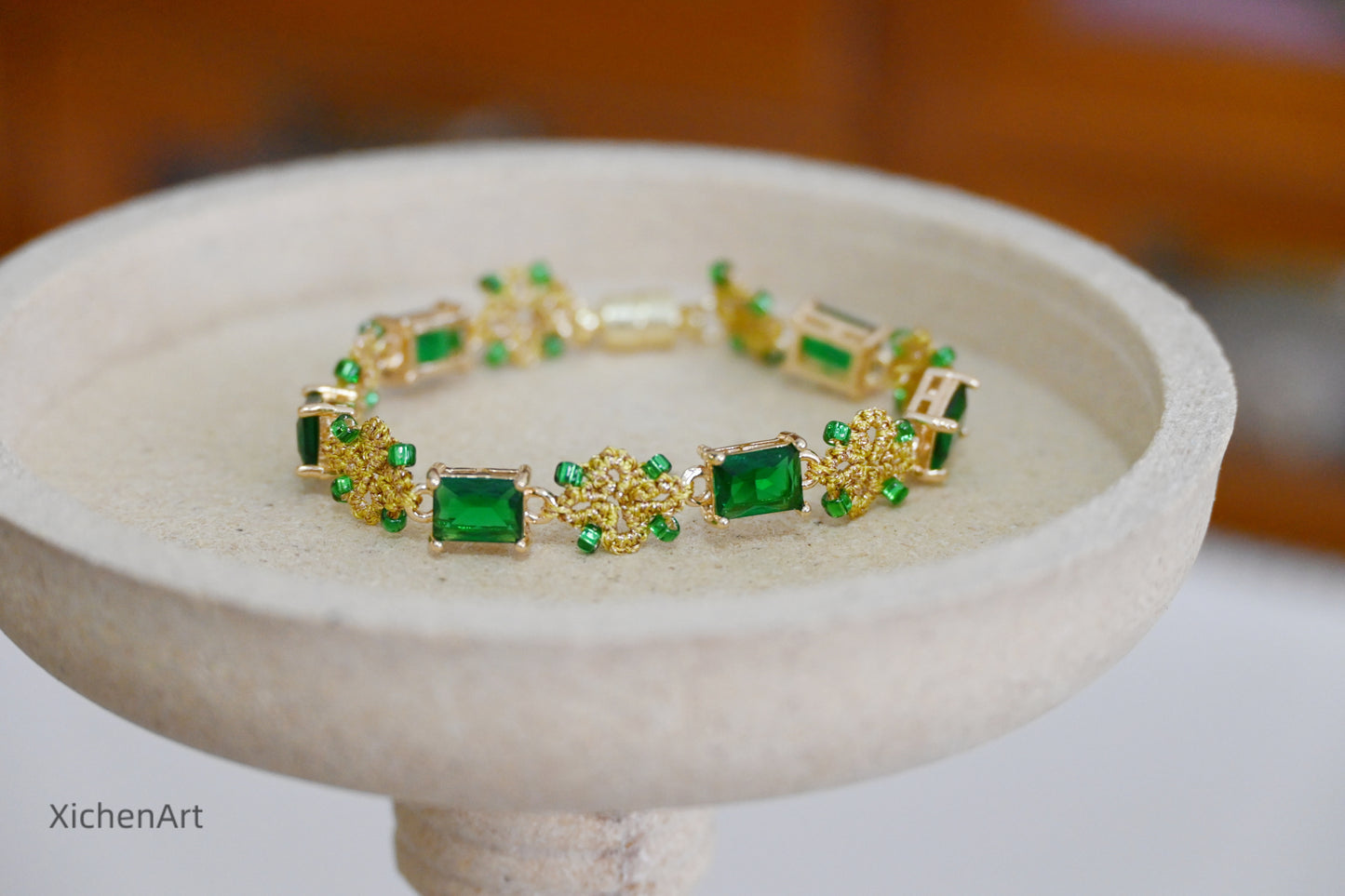 golden color and green zircon tatting bracelet, gorgeous and frivolite tatting bracelet