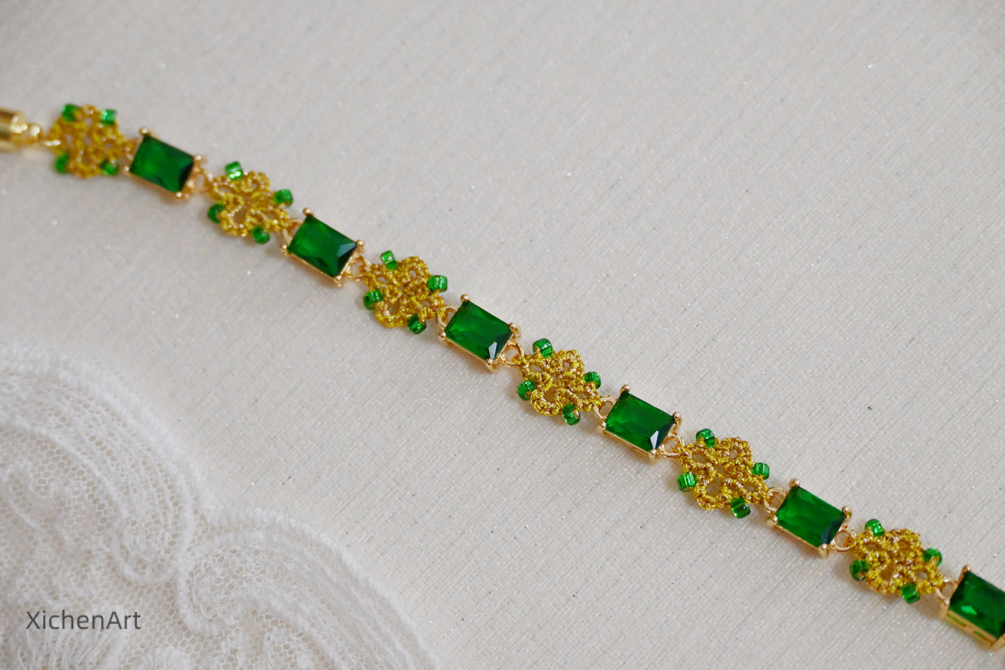 golden color and green zircon tatting bracelet, gorgeous and frivolite tatting bracelet