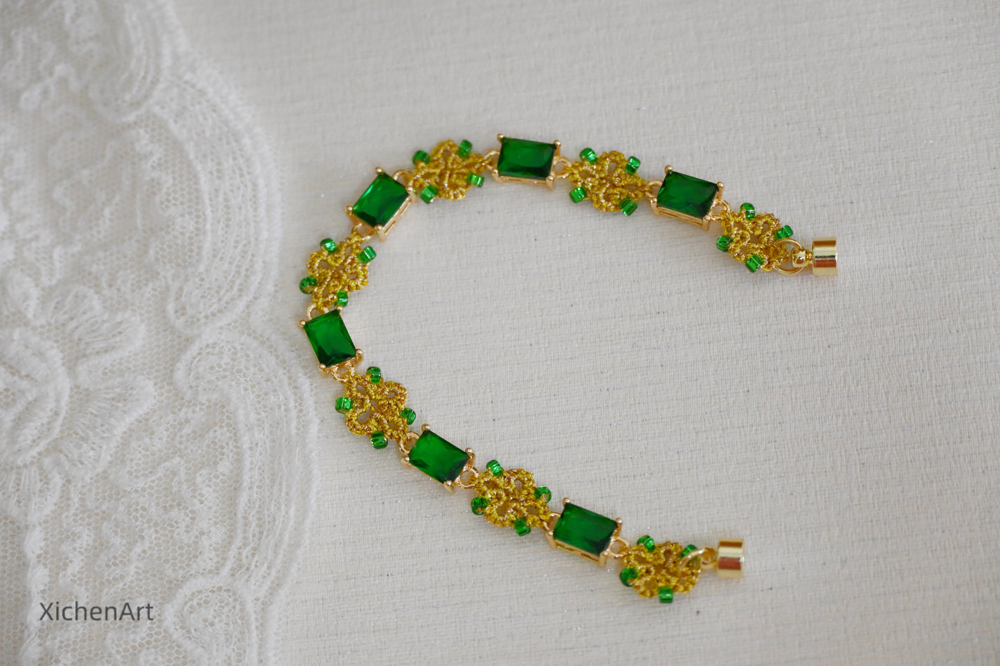 golden color and green zircon tatting bracelet, gorgeous and frivolite tatting bracelet