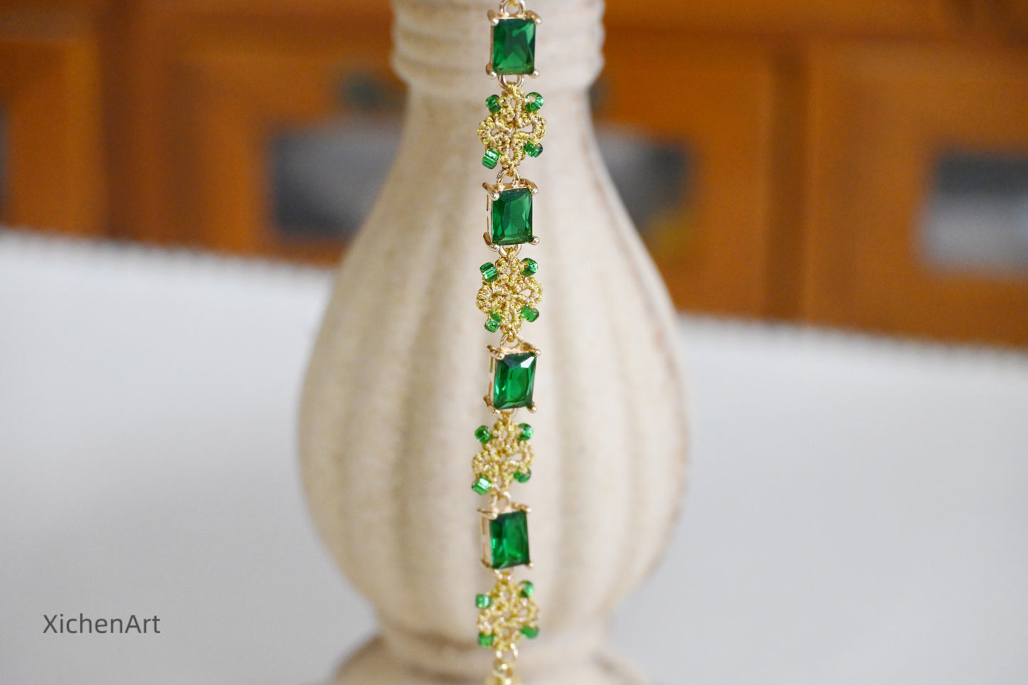 golden color and green zircon tatting bracelet, gorgeous and frivolite tatting bracelet