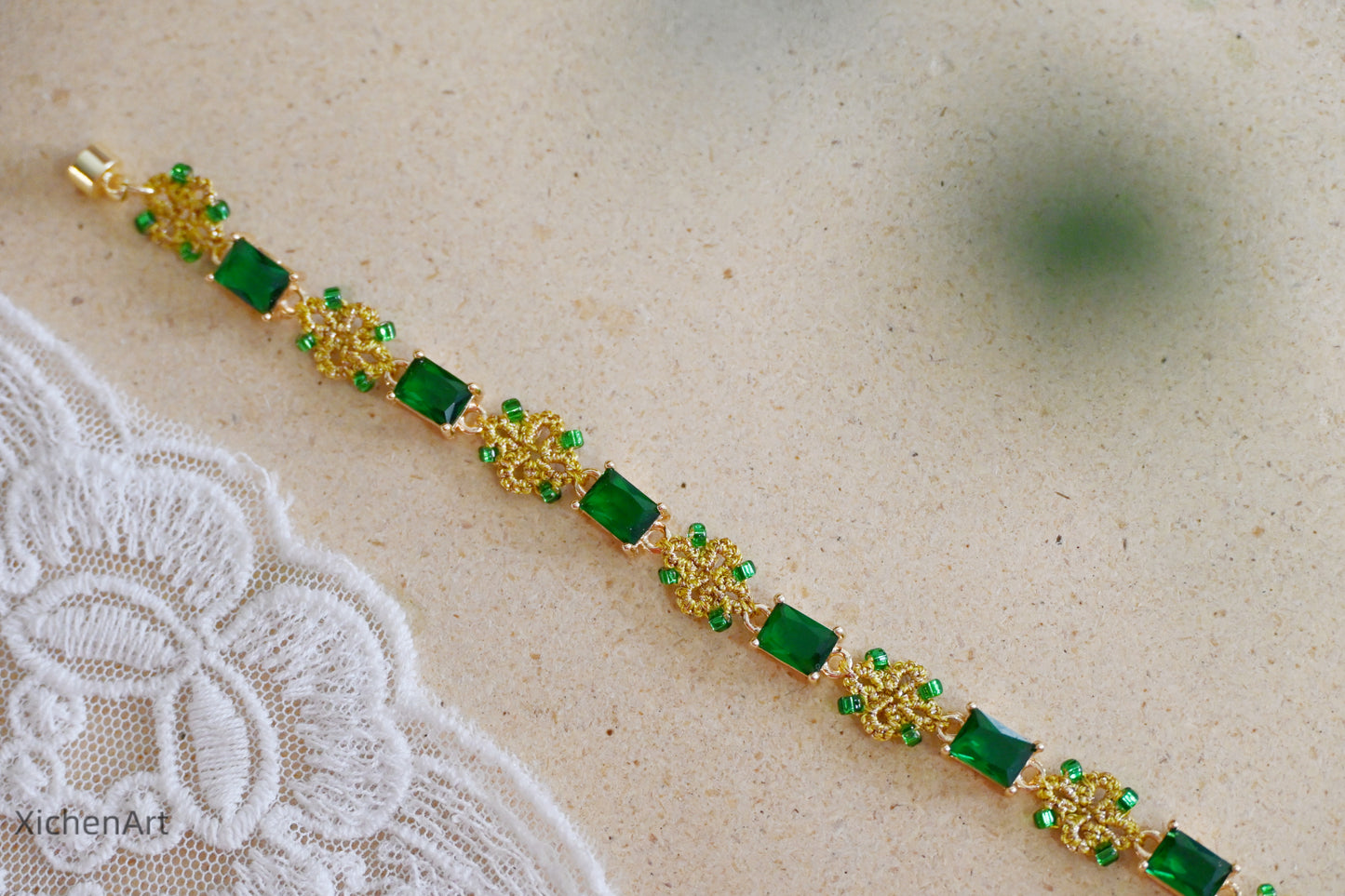 golden color and green zircon tatting bracelet, gorgeous and frivolite tatting bracelet