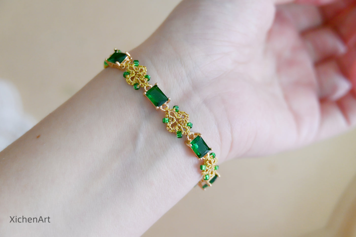 golden color and green zircon tatting bracelet, gorgeous and frivolite tatting bracelet