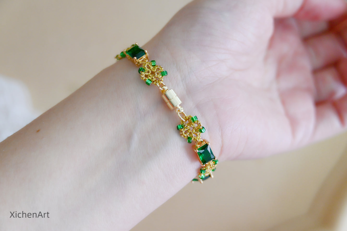 golden color and green zircon tatting bracelet, gorgeous and frivolite tatting bracelet