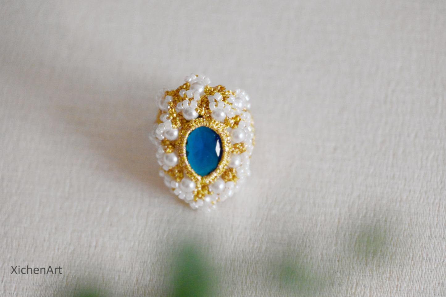 vintage tatting ring with green crystal and pearls, pretty frivolite tatting ring with crystal and pearls