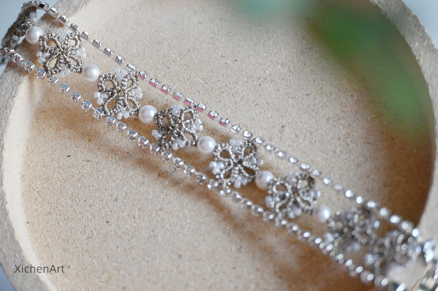 silver tatting bracelet with pearls, frivolite tatting bracelet with pearls and glass beads,