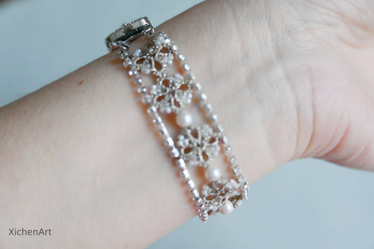 silver tatting bracelet with pearls, frivolite tatting bracelet with pearls and glass beads,