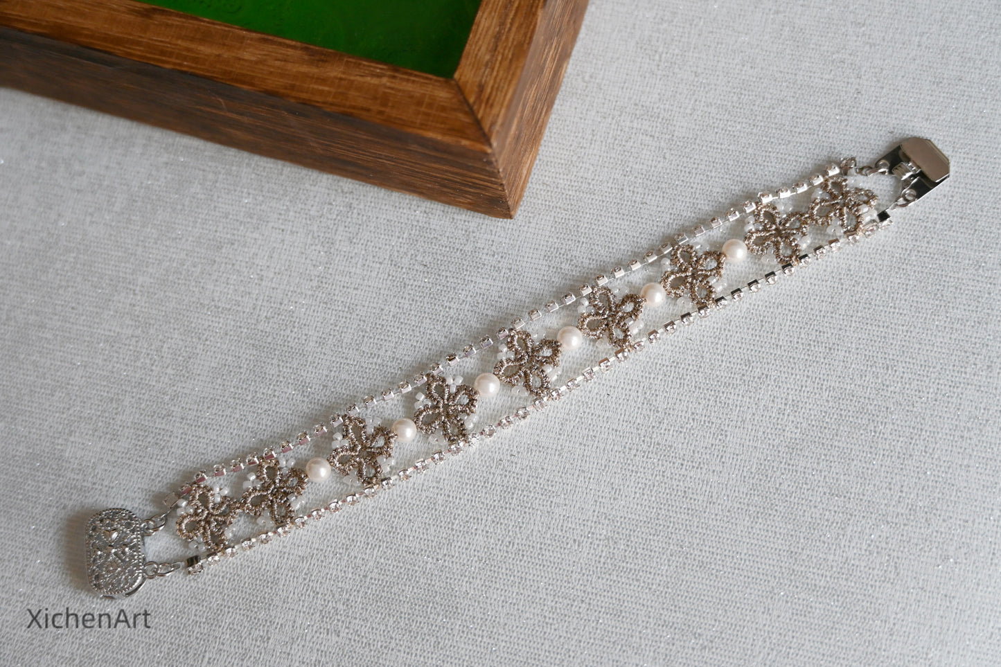 silver tatting bracelet with pearls, frivolite tatting bracelet with pearls and glass beads,