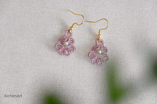 tatting earring, frivolite tatting earring with pearls,  gorgeous handmade tatting earring