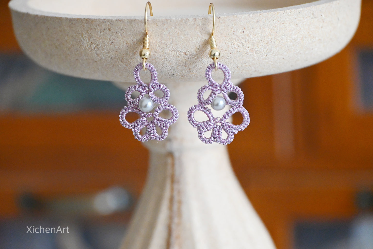 tatting earring, frivolite tatting earring with pearls,  gorgeous handmade tatting earring