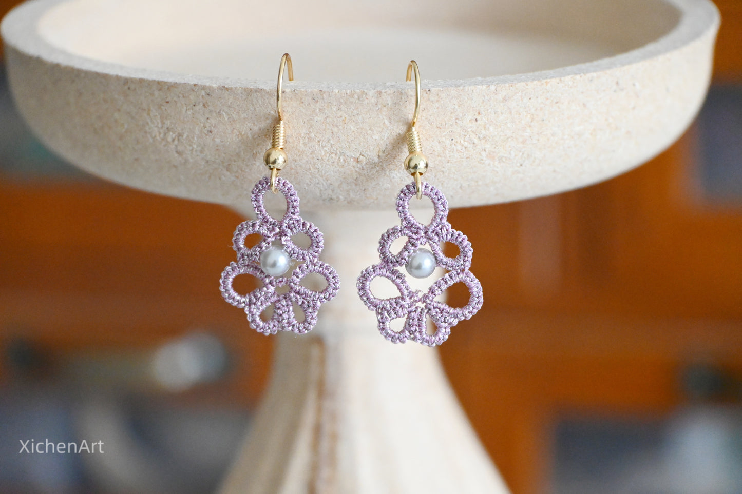 tatting earring, frivolite tatting earring with pearls,  gorgeous handmade tatting earring