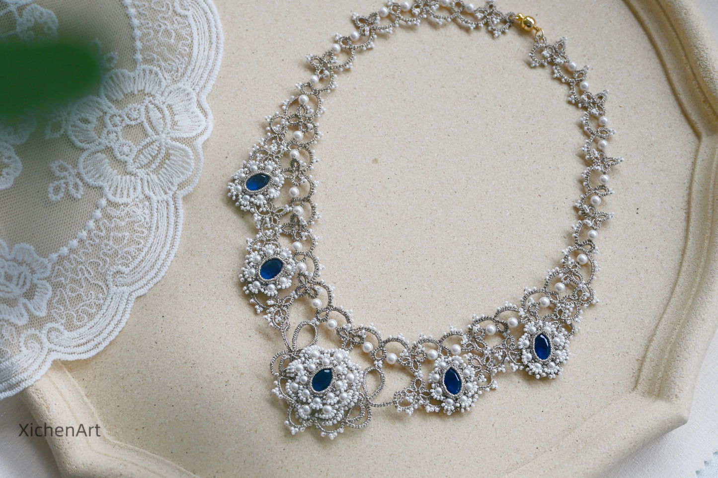 heavy handmade tatting necklace, gorgeous and frivolite tatting necklace with crystal and pearls, tatting necklace for bride