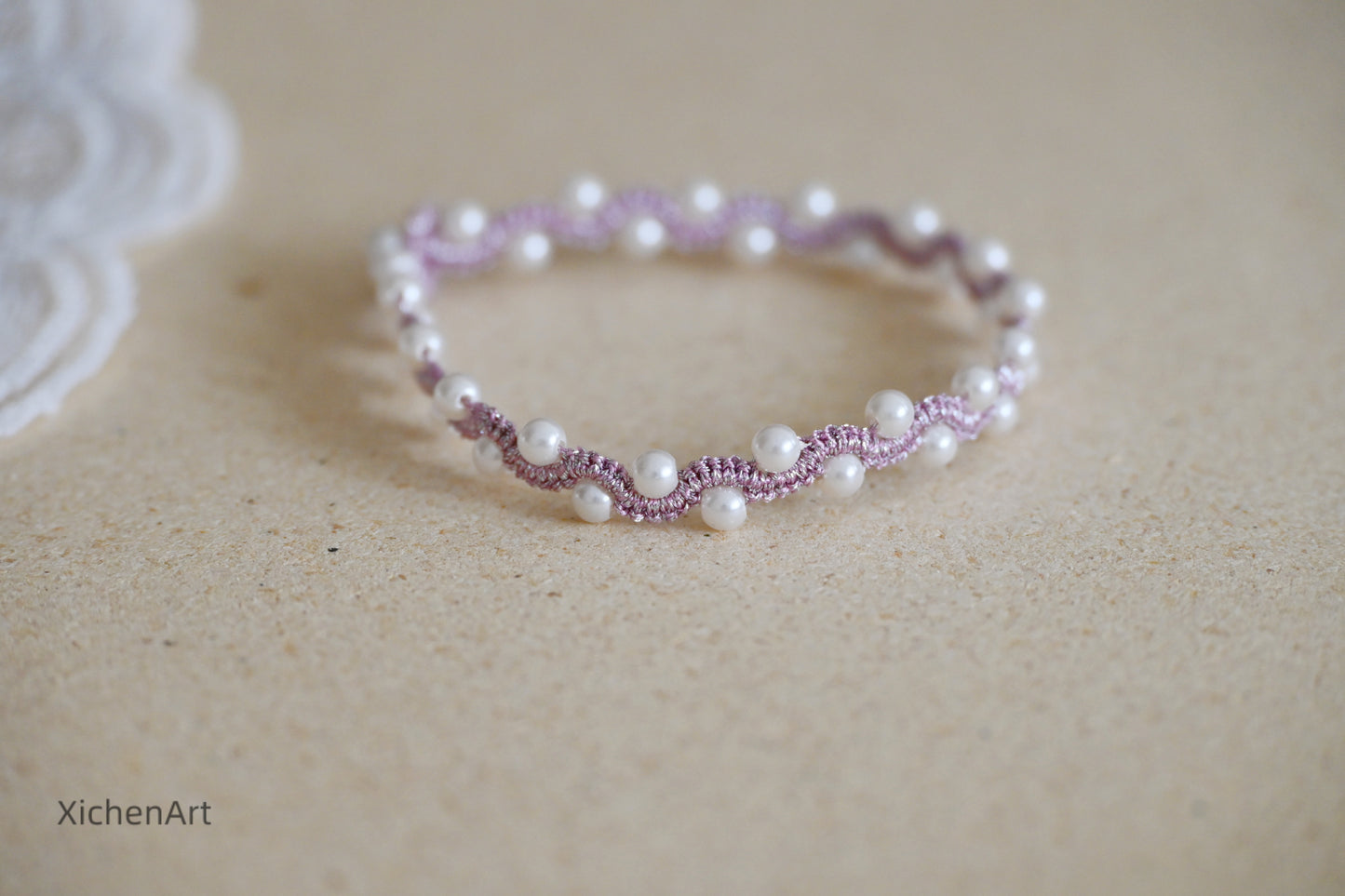 tatting bracelet with pearls, purple tatting bracelet with pearls, gorgeous and frivolite tatting bracelet