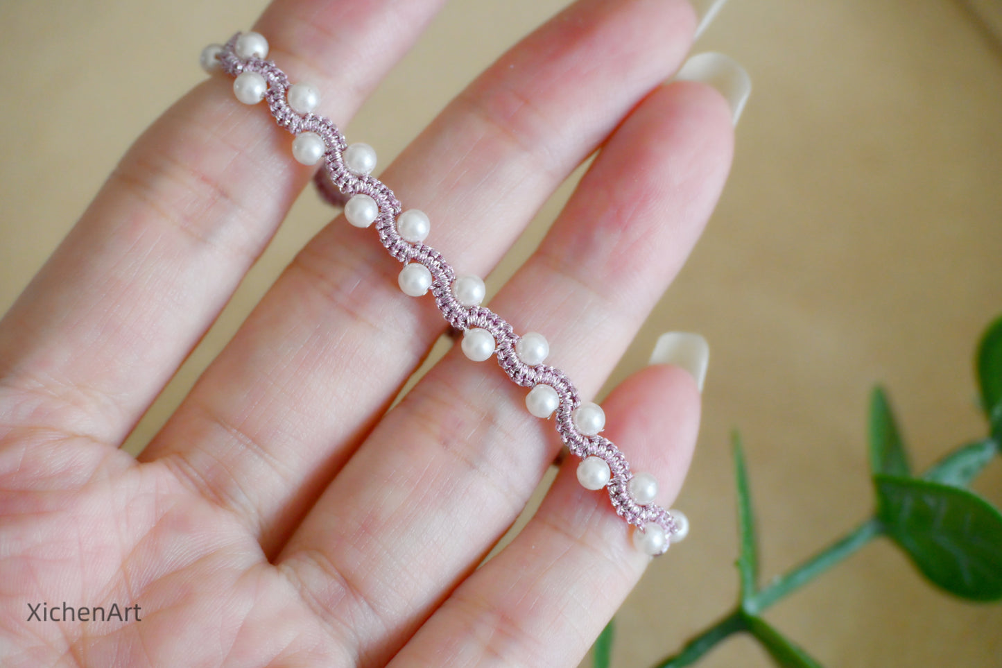 tatting bracelet with pearls, purple tatting bracelet with pearls, gorgeous and frivolite tatting bracelet