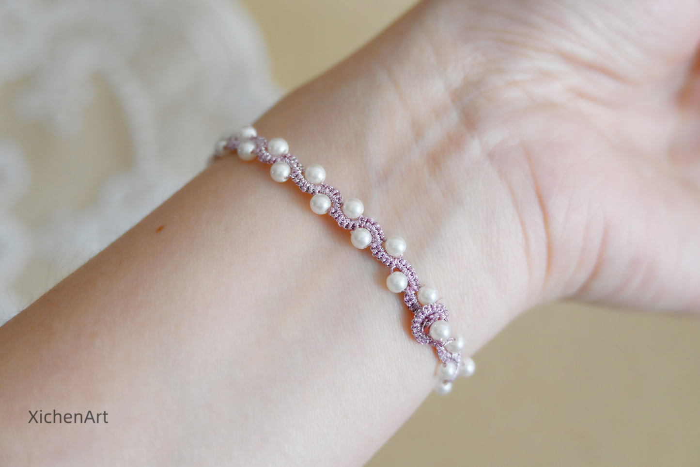 tatting bracelet with pearls, purple tatting bracelet with pearls, gorgeous and frivolite tatting bracelet